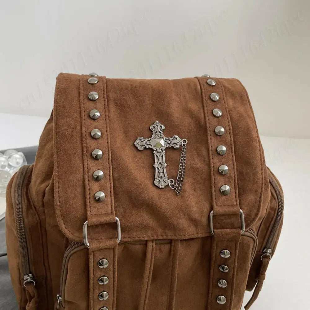 Gothic Punk Backpack Rivets Student School Bag Vintage Duffel Bag with Cross Stud Design Women Large Capacity Travel Bag