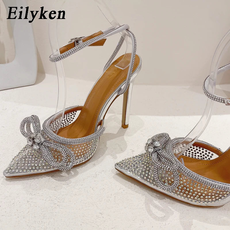 Eilyken PVC Transparent Silver CRYSTAL Women Pumps Fashion Ankle Strap Bridal Thin High Heels Spring Autumn Wedding Party Shoes