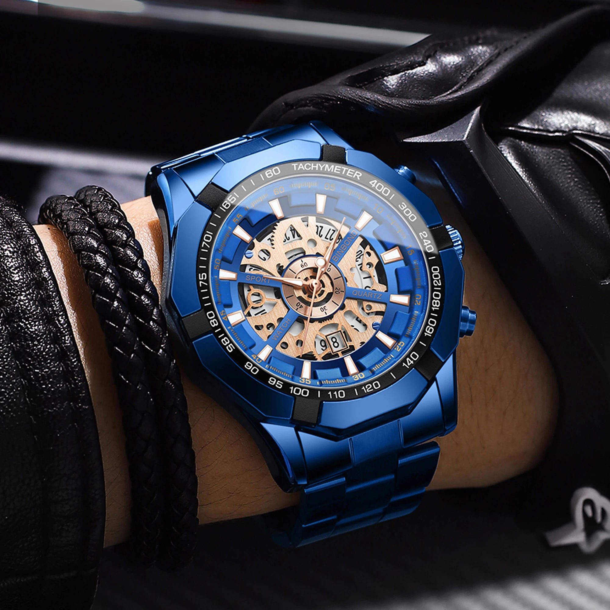 BINBOND Luxury hollow-out quartz wristwatch for men luminous waterproof chronograph men's watch business sport fashion reloj