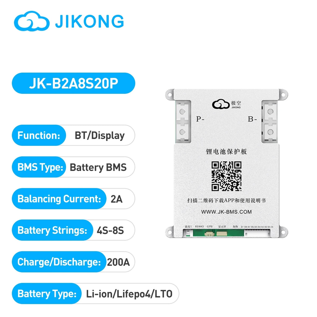 JK BMS B2A8S20P Smart Active BMS 4S-8S Li-ion Lifepo4 LTO 12V 24V Battery 2A Balance Current 200A Charge Discharge Battery BMS