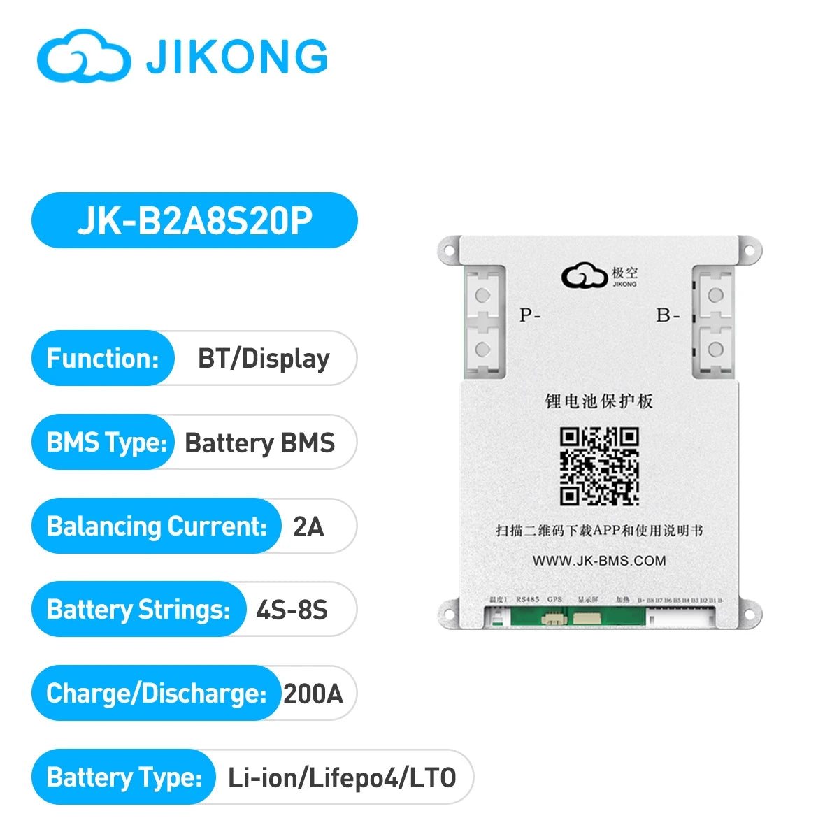 JK BMS B2A8S20P Smart Active BMS 4S-8S Li-ion Lifepo4 LTO 12V 24V Battery 2A Balance Current 200A Charge Discharge Battery BMS