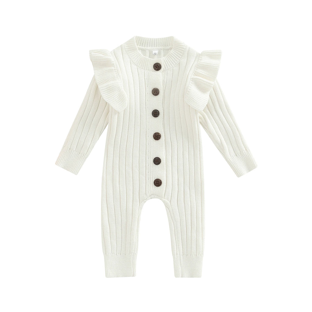 2022-07-08 Lioraitiin 0-18M Baby Girl’s Knitted Long Sleeve Jumpsuit Fashion Solid Round Neck Button Casual Long Romper