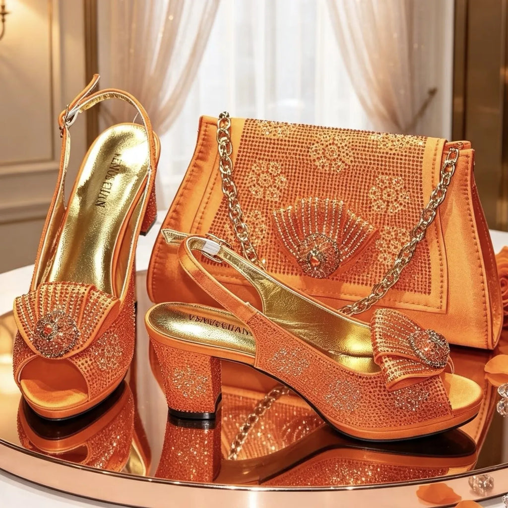 2026 Elegant Orange Peep-Toe Women Heel Pumps Italian Rhinestone Shoes & Bags Matching Set For Wedding Party Evening Occasions