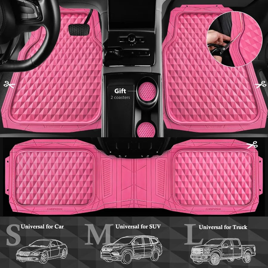Heavy Duty Rubber Pink Car Floor Mats Deep Dish AllWeather Full Set Durable AntiSlip 3D Rhombus Waterproof Trim to Fit Liner Un