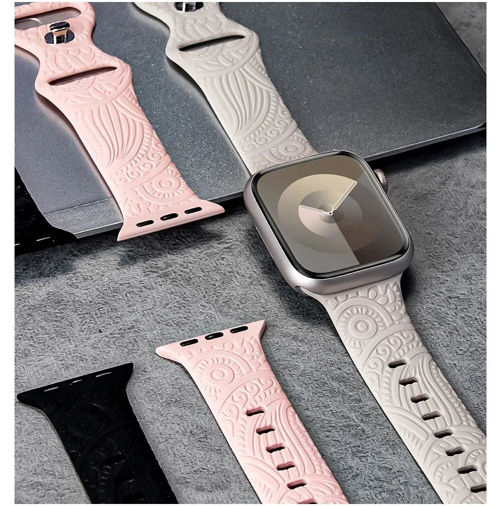 Hot Engraved Pattern Silicone Band For Apple Watch 42mm 46mm 38mm 40mm 41mm Sport Loop Strap For Iwatch Series 10 9 8 Ultra 7 6