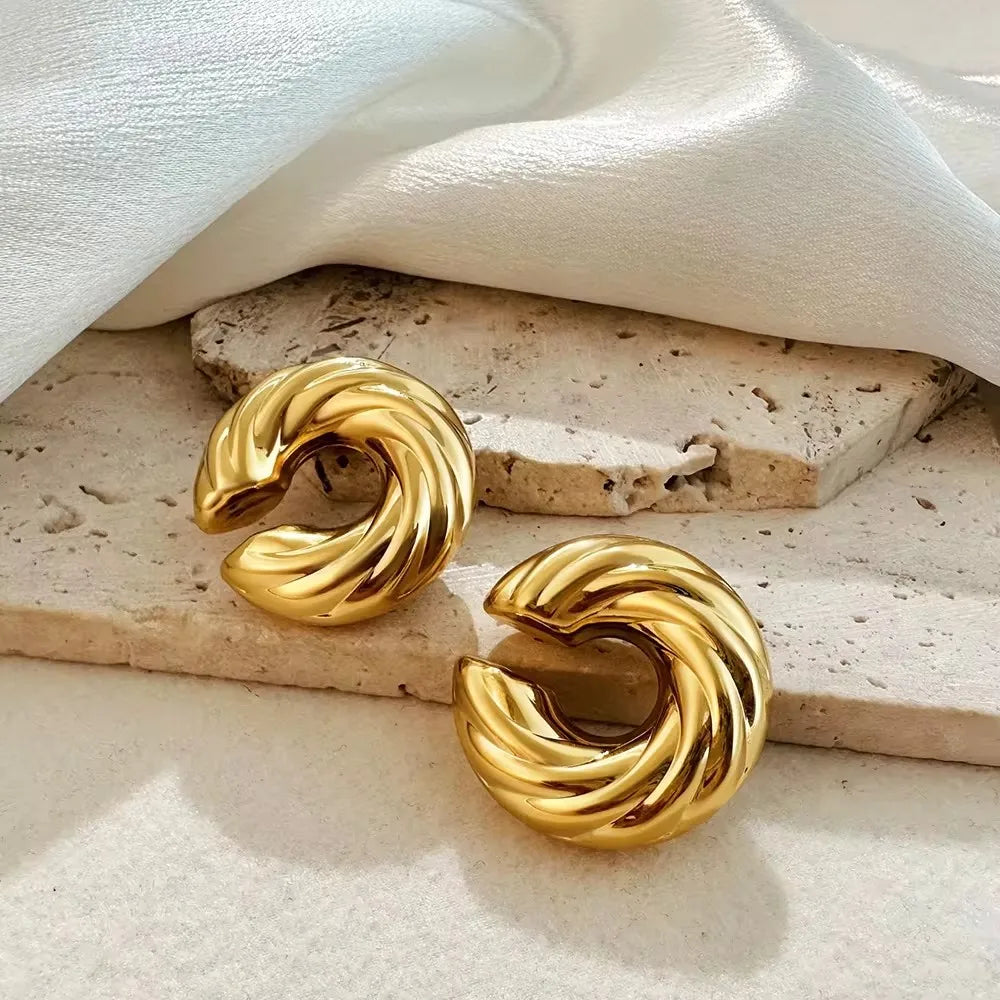 Punk Vintage Chunky Geometric Round Ear Cuff Stainless Steel Metal Texture Thick C Shape Non Piercing Ear Clip