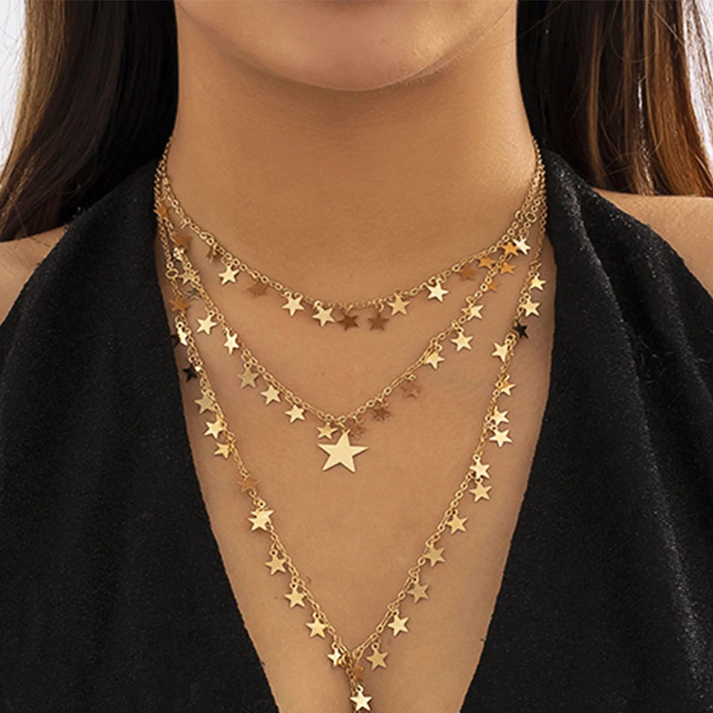 3Pcs/Set Sexy Goth Star Tassel Long Pendant Choker Necklace Women Wed Bridal Creative Gold Color Clavicle Chain Y2K Accessories