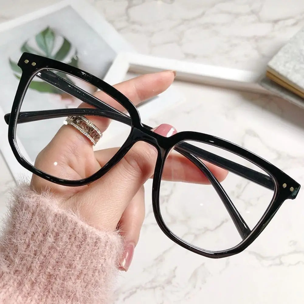 Unisex Glossy Black Square Anti Blue Light Glasses, Metal Rivet Decor PC Frame Clear Lens Computer Eyewear, Face Slimming Optical Spectacle Eyeglasses for Office Student Daily