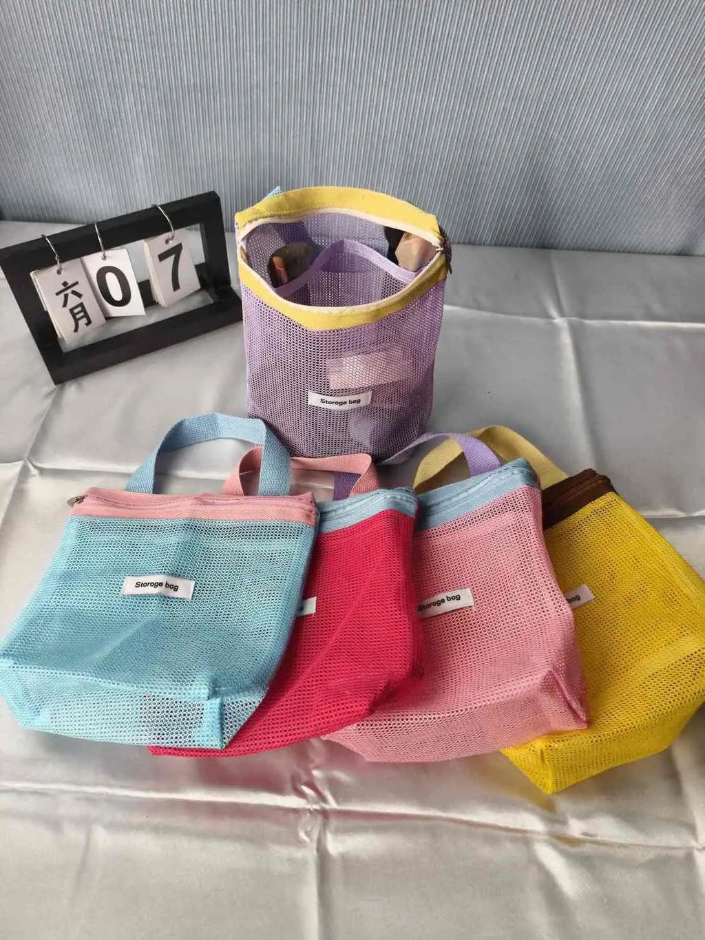 Homefish Foldable Mesh Cosmetic Bag Ins Style Bright Color Portable Women Summer Toiletry Storage Bag Beach Makeup Pouch