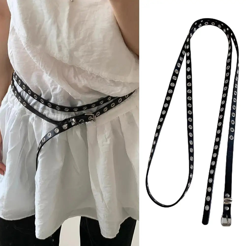Rivet Eyelet DIY Wear PU Leather Waist Belt Double Circle Waist Chain Knotted Extra Long Thin Waistband Double Layer Hole Belt