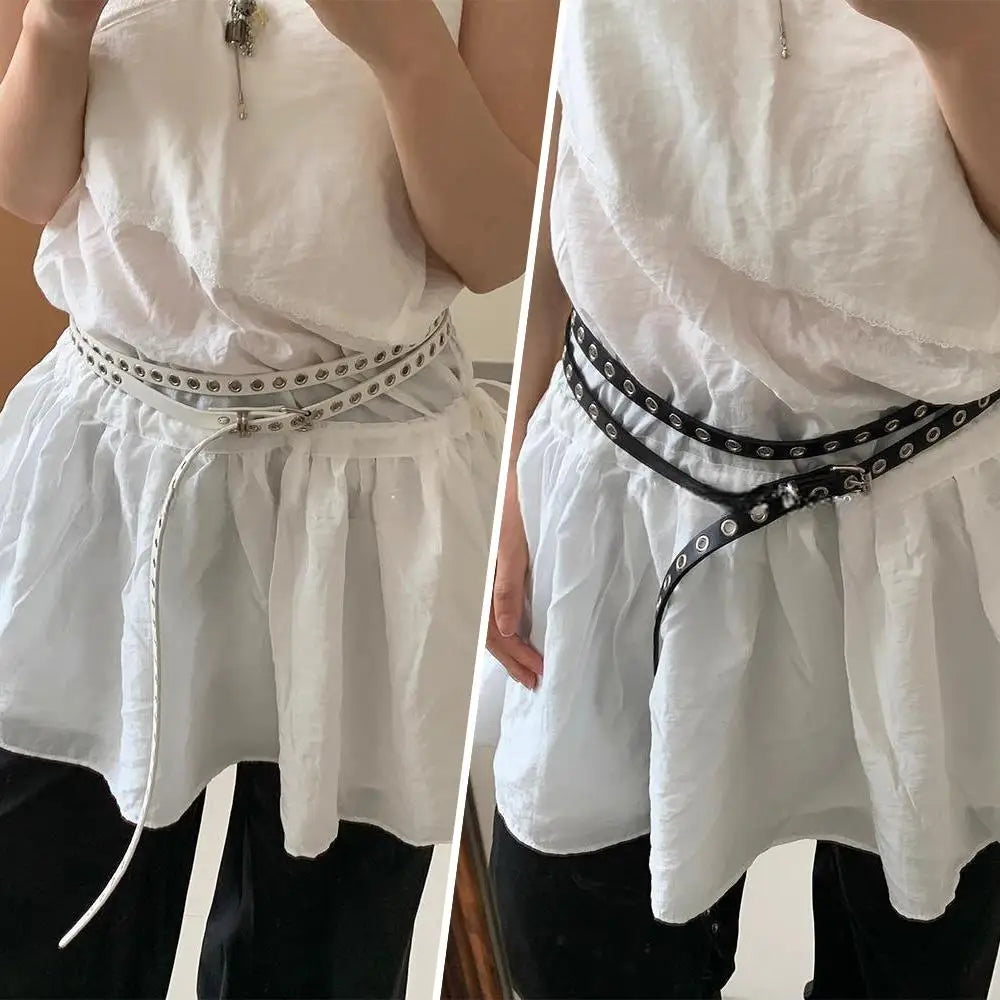 Rivet Eyelet DIY Wear PU Leather Waist Belt Double Circle Waist Chain Knotted Extra Long Thin Waistband Double Layer Hole Belt