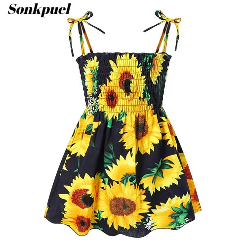1-6 Years Kids Girls Sleeveless Flower Sundress Summer Beach Strap Princess Dress Cotton Children Clothes Girls Casual Dresses