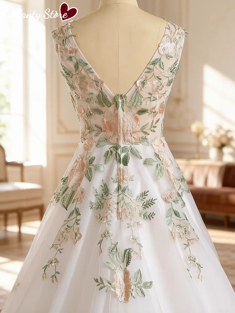 Customized A Line Tulle Wedding Dress Sleeveless V Neck V Back Colorful Floral Embroidery Bridal Gown Beach Wedding Dress