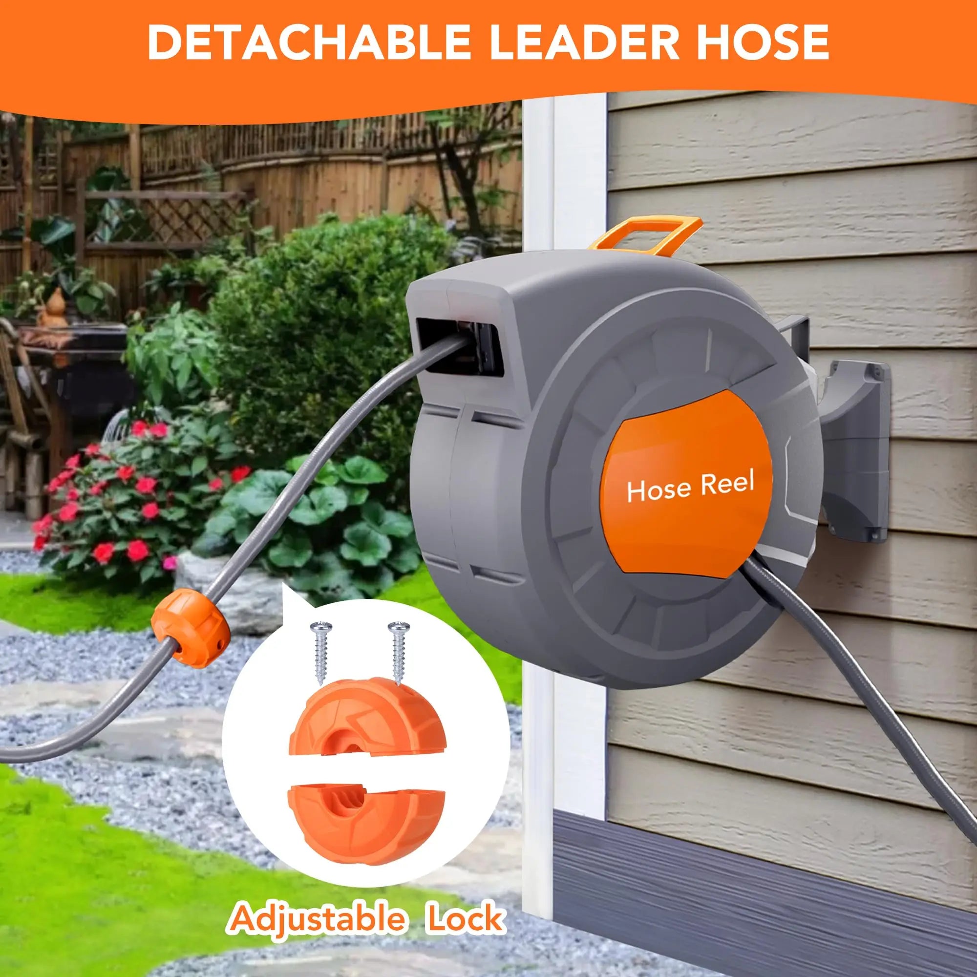 Wall Mounted Retractable Garden Hose Reel, 1/2 in X 72/100 ft, Auto Slow Rewind, 180° Swivel, 9-Function Nozzle, Any Length Lock