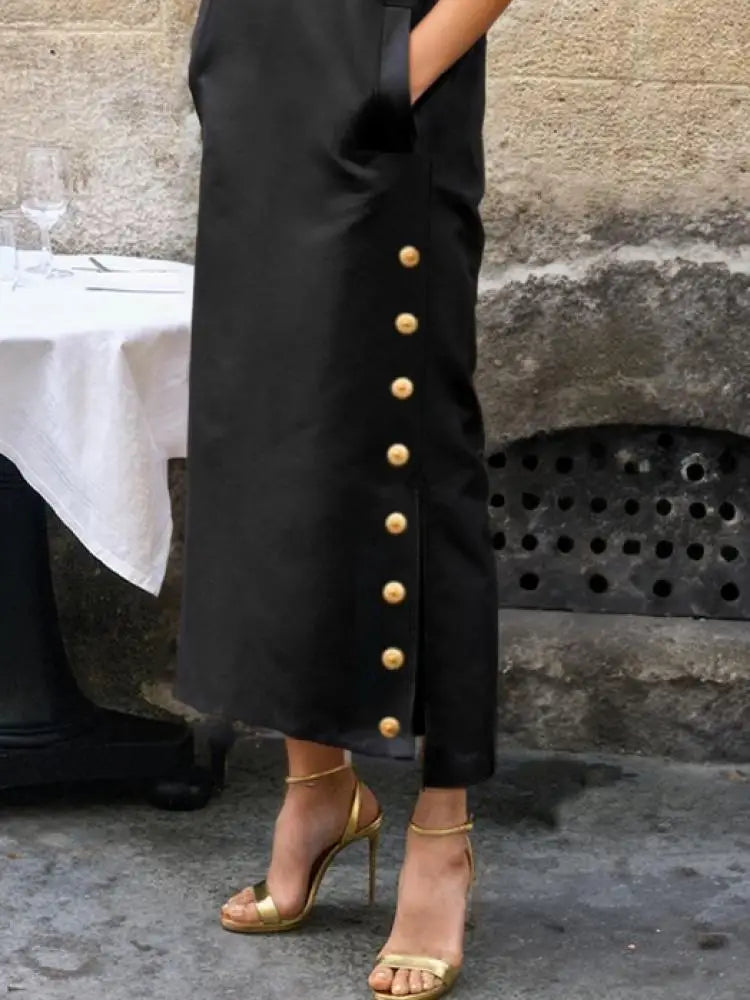 Yeezzi Women Fashion Split-Side Buttoned Stand Collar Evening Dresses 2026 New Sleeveless Solid Color H-Line Casual Shirts Dress