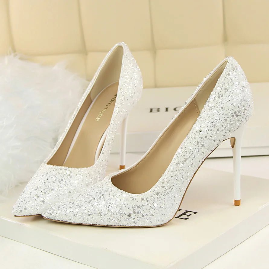 Women 7cm 9.5cm High Heels Bling Pumps Wedding Bridal Scarpins Sparkly Heels Lady Party Sequins Nightclub Evening Gold Red Shoes