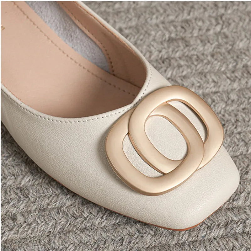 Woman Elegant Square Toe Beige Shoes Lolita Barefoot 4CM High Heel Female Metal Fitting Mary Janes Cute Designer Loafers Shoes
