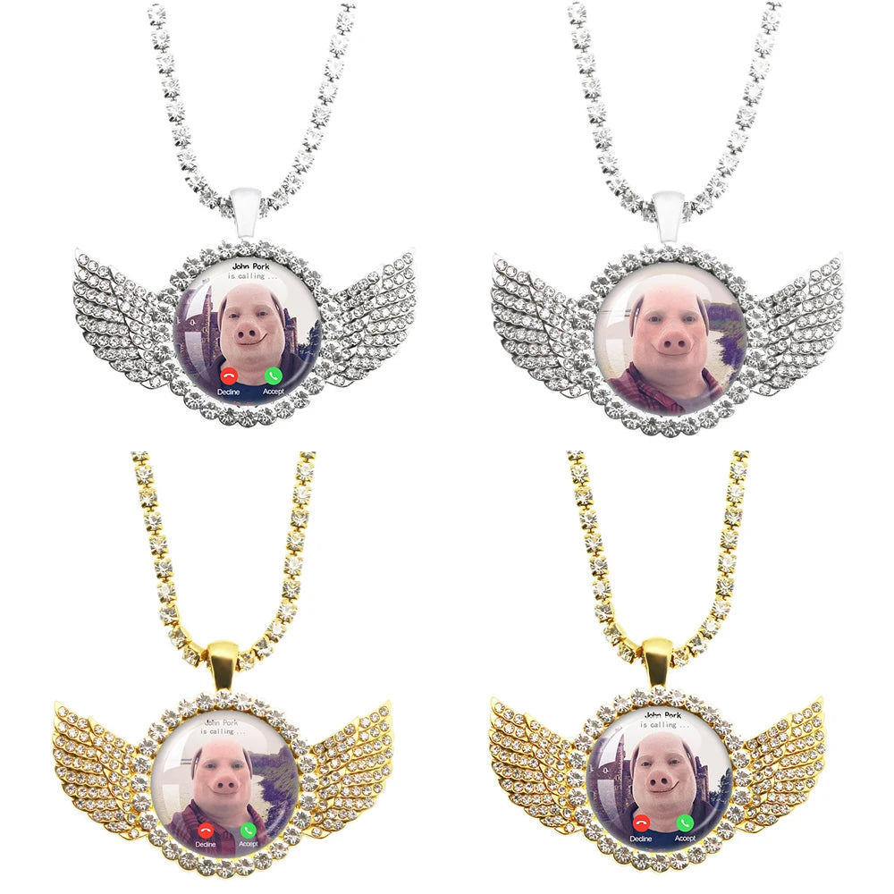 John Pork Is Calling Answer Call Phone Humor Funny Pig Lover Graphic The Moon Necklace Angel Wings Pendant Necklace Jewelry Gift