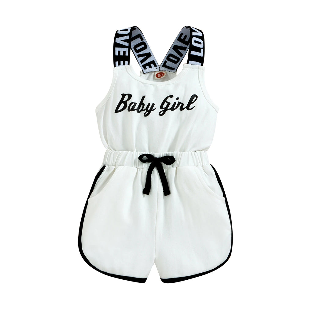 Toddler Kids Baby Girls Summer Romper, Sleeveless Crew Neck Letter Print Short Jumpsuit Elastic Waist Clothes 9M-4T