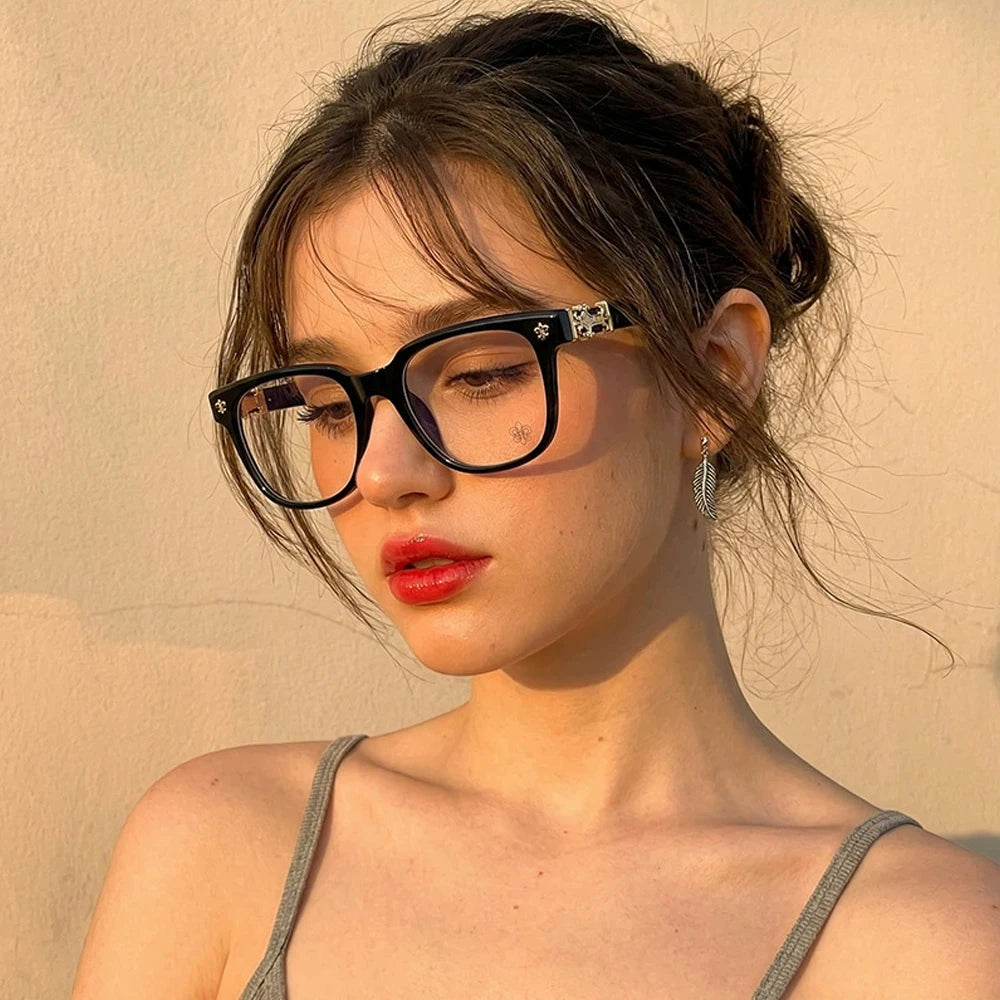 Unisex Square Anti Blue Light Glasses UV400 Gold Cross Hinge Black Clear Frame Computer Anti-Fatigue Eyeglasses