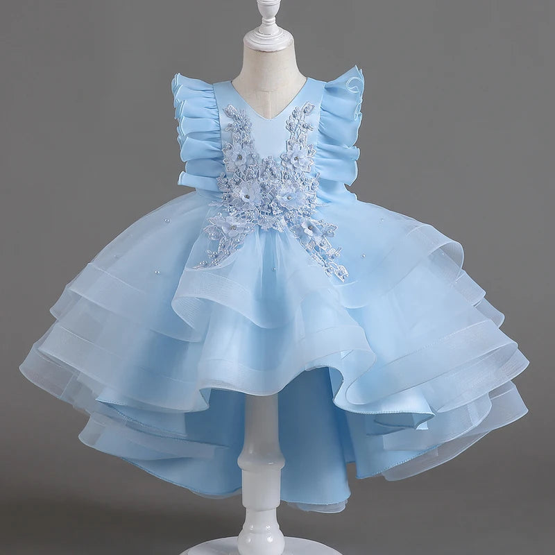8311 Girls' Dress Summer Small Flying Sleeves Trailing Mesh Ponchy Princess Sweet Bean Sand Long