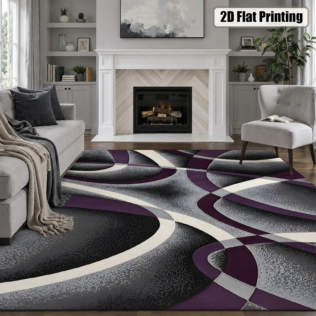 Large Indoor Area Rug, Soft Velvet Low Pile Non-Slip Dotted Backing Machine Washable, Modern Abstract Purple Gray White Swirl Design for Living Room Bedroom