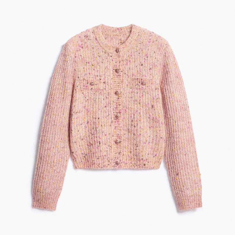 Knitted Cardigan For Women Single Breasted Elastic Hem Pocket O-Neck Women's Sweater Long Sleeve Short Blouse Chic Cardigan Lady