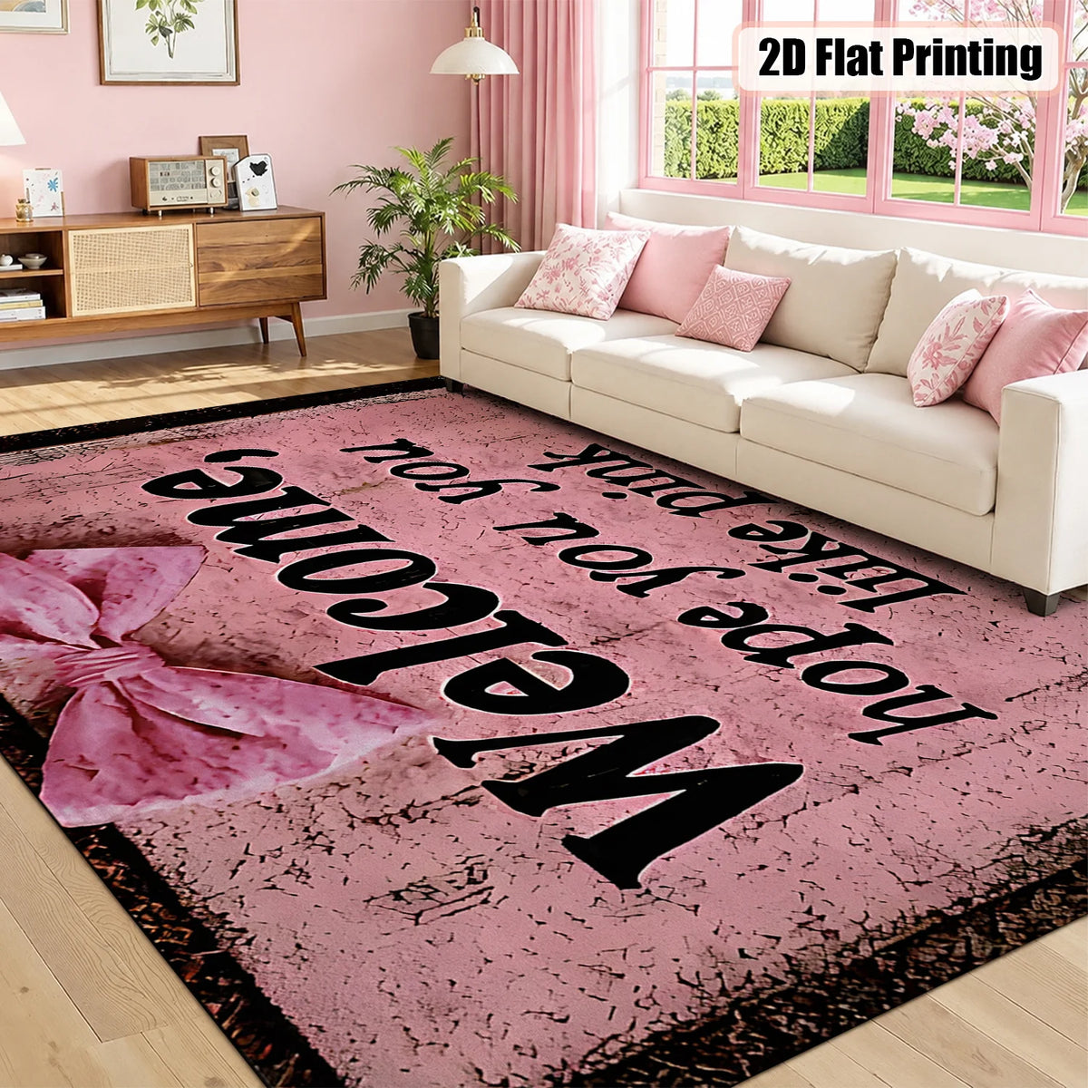 Pink Welcome Bow Area Rug – Six Sizes