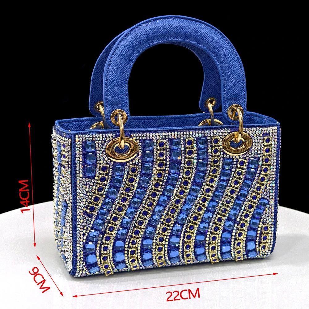 2025 Summer New Design Specials Italian Women Shoes and Bag Set Blue Color Comfortable Low Heels With Rhinestone