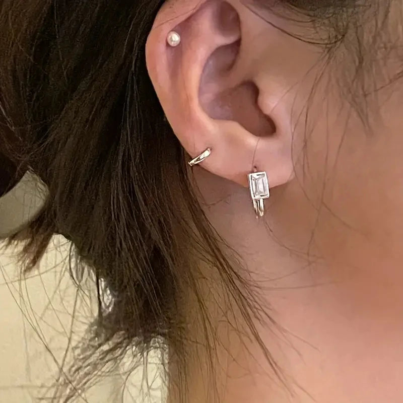 Huitan Fashion Contracted Rectangular Cubic Zirconia Hoop Earrings for Women Silver Color/Gold Color Temperament Jewelry