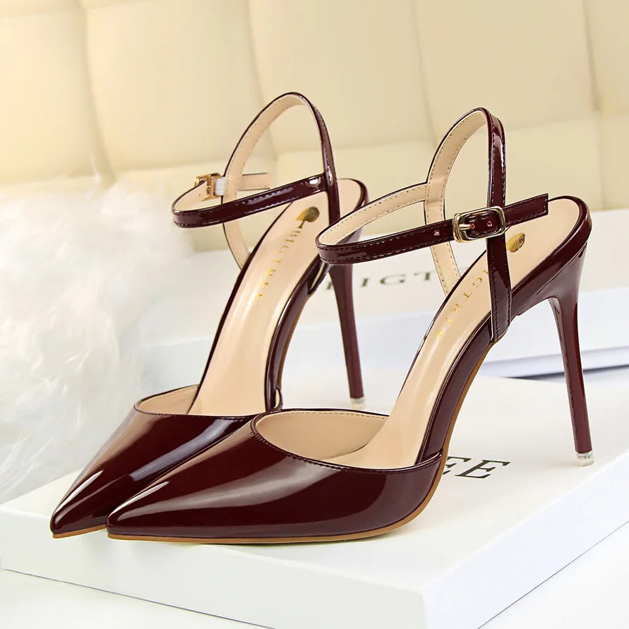 Women 10.5cm High Heels Sandals Lady Metallic Gray Patent Leather Stripper Ankle Strap Sandles Wedding Fetish Nightclub Shoes