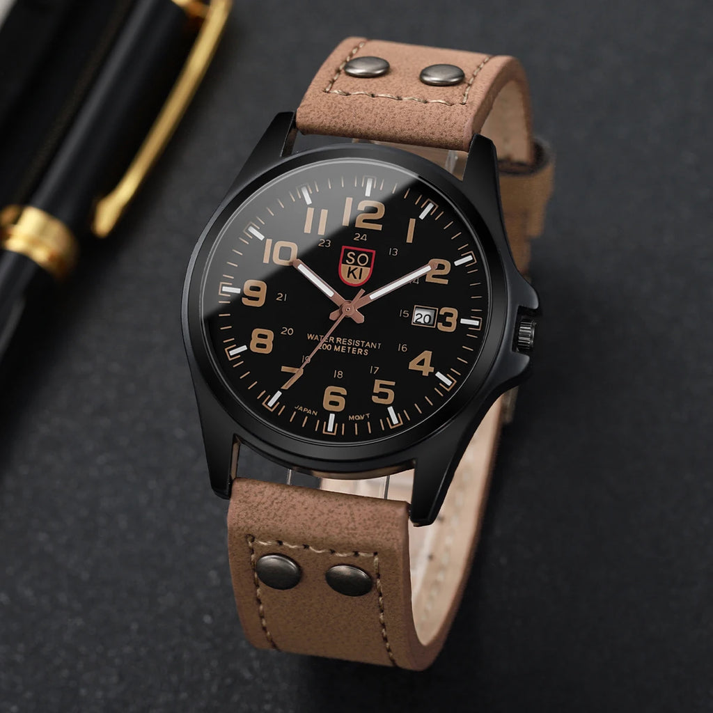 Fashion Arabic Dial Men Quartz Watch Casual Leather Strap Men's Calendar Sports Watches