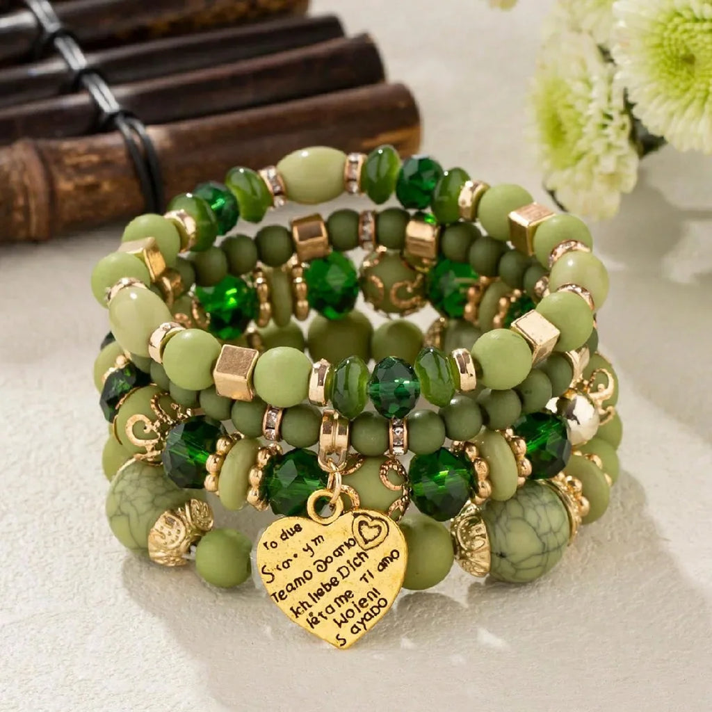 4Pcs Boho Crystal Beads Chain Bracelet Set For Women Vintage Heart Charm Elastic Bangle Men Fashion Party Jewelry