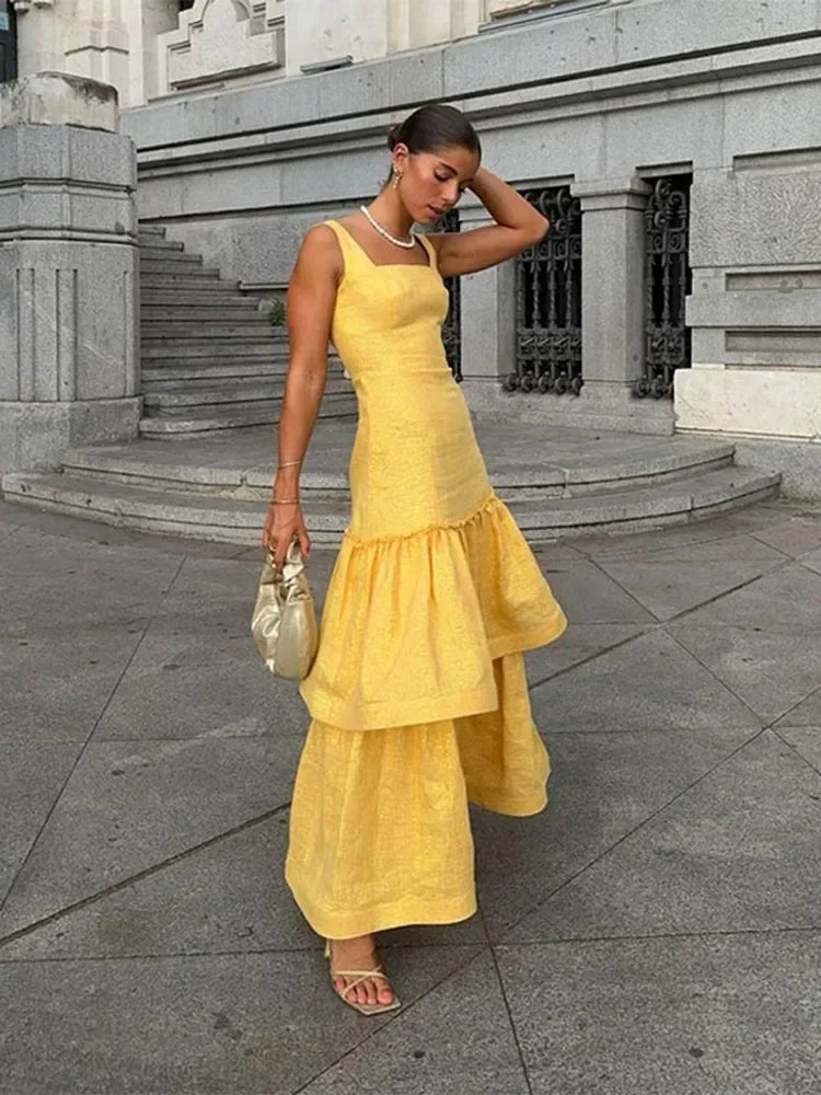 Luxury Sparkling Ruffled Layerd Yellow Long Dress Chic Backless Bodycon Wedding Sling Robes Women Elegant Party Club Vestidos