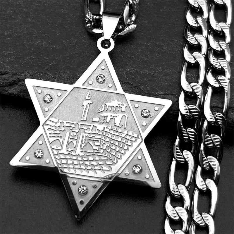 Hebrew Star of David Pendant Necklace for Women Men Stainless Steel Gold Color Jewish Bless Hip Hop Chain Amulet Jewelry Gift