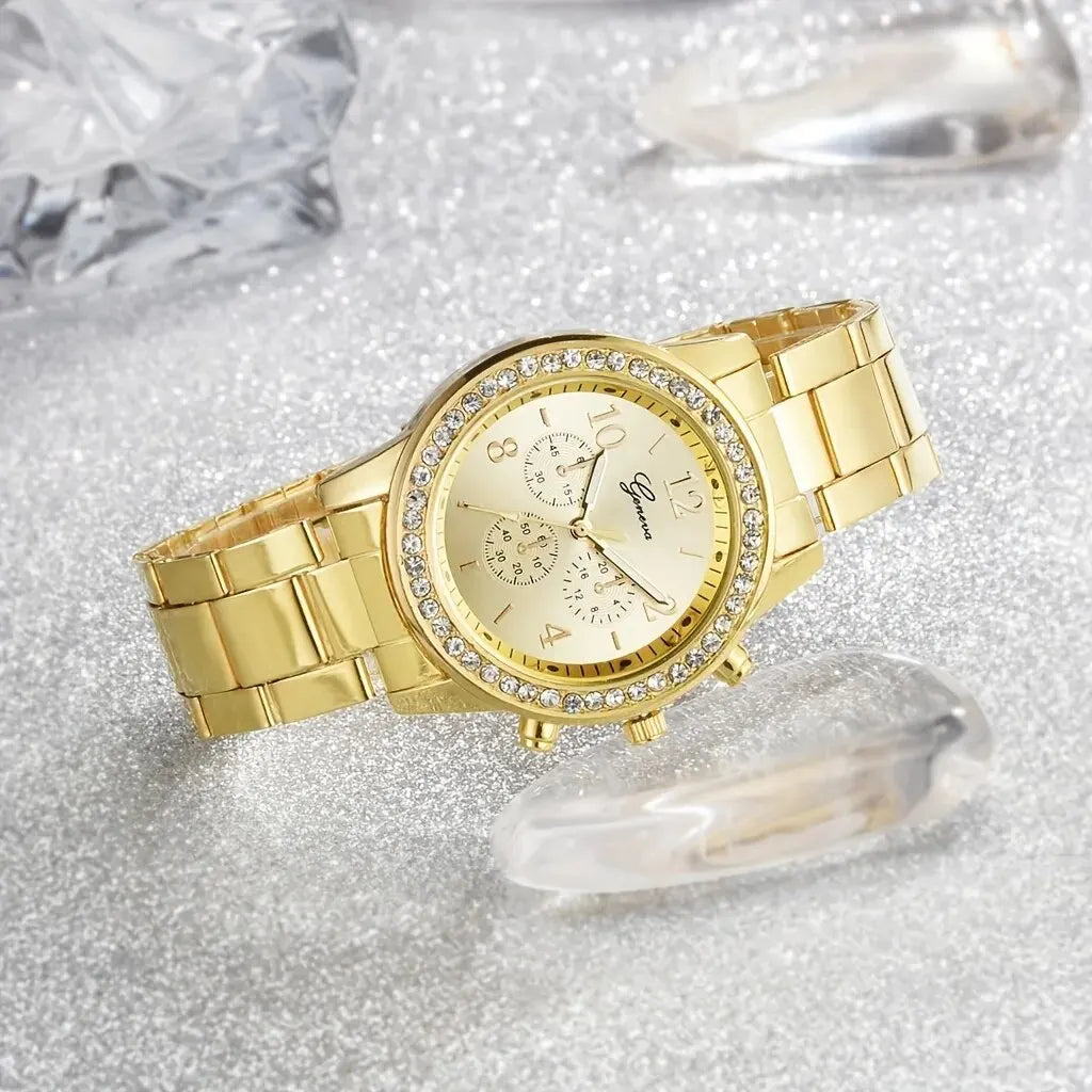 Newest 5 PCS Set Gold Watch Women Luxury Ring Necklace Earrings Rhinestone Fashion Wristwatch Female Casual Watches Bracelet Set