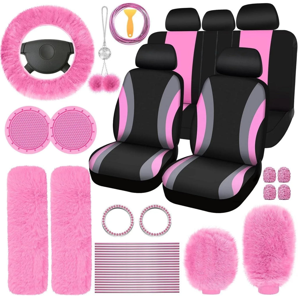 Fluffy Cute Women Car Accessories Set 45pcs Blue Steering Wheel Cover Seat Belt Handbrake Gear Shift Covers Great Gift