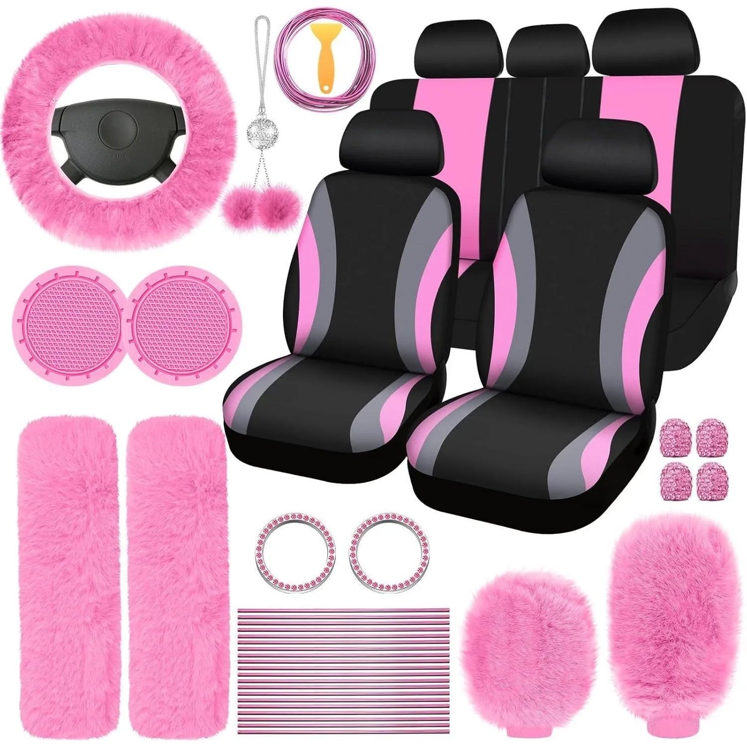 Fluffy Cute Women Car Accessories Set 45pcs Blue Steering Wheel Cover Seat Belt Handbrake Gear Shift Covers Great Gift