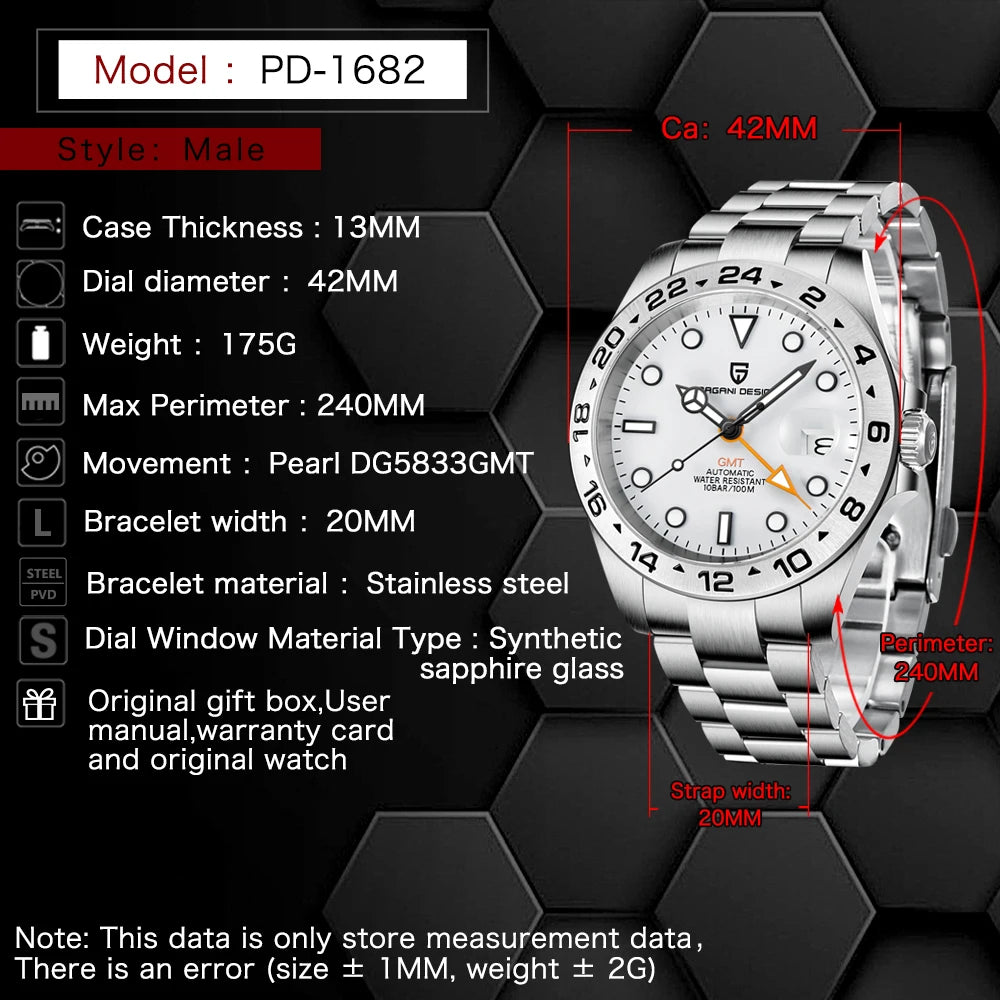 PAGANI DESIGN Vintage 42MM GMT Men's Watch PD1682 Automatic Mechanical Timepiece Sapphire Stainless Steel 100M Waterproof Retro
