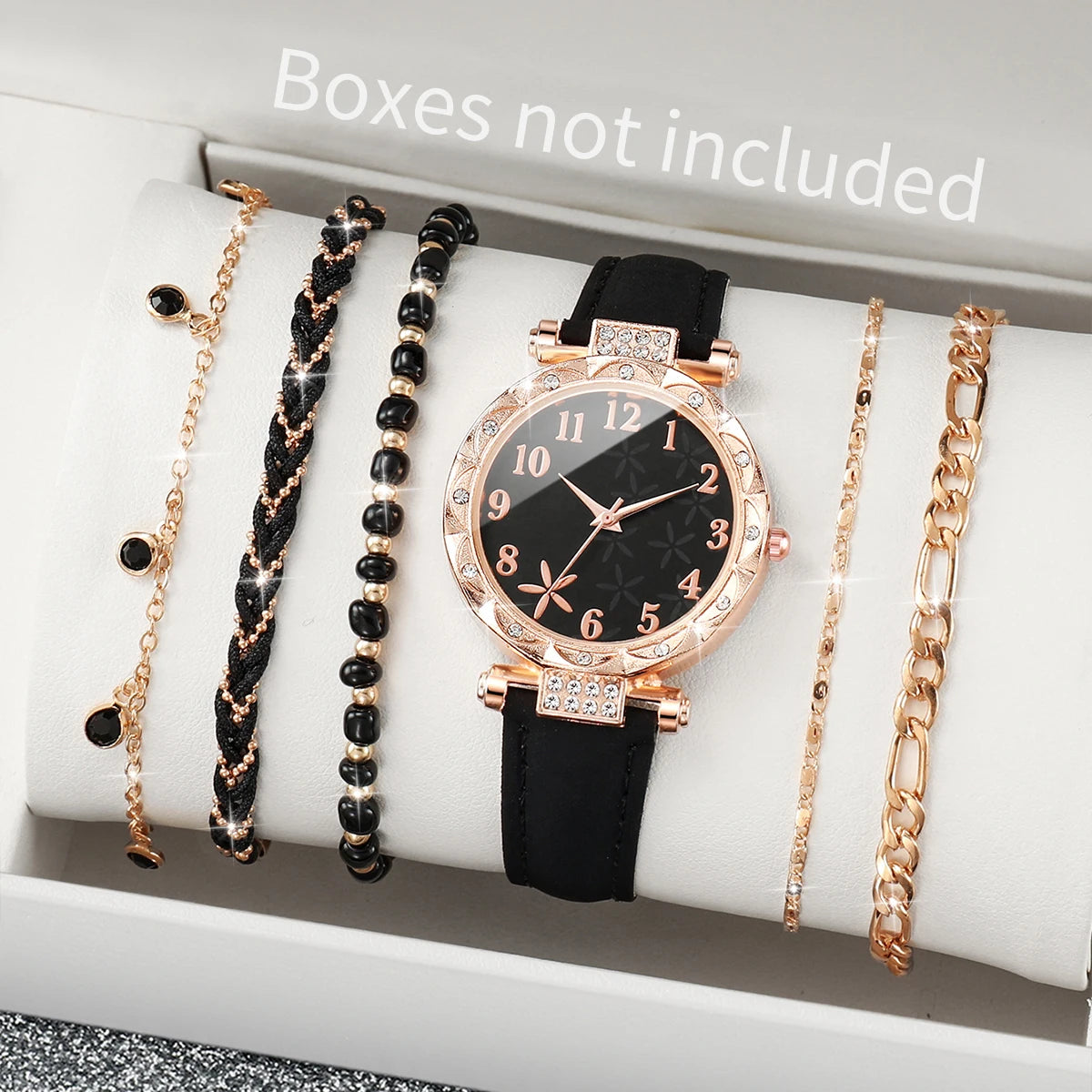 5/6PCS Fashion Rhinestone Women Watches Casual Leather Band Quartz Watch for Women Clock Jewelry Set Reloj Mujer（Without Box）