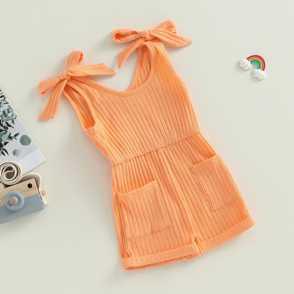 Pudcoco Toddler Kids Baby Girls Sleeveless Romper Solid Color Ribbed Bodysuit Summer Clothes with Pockets 6M-4T