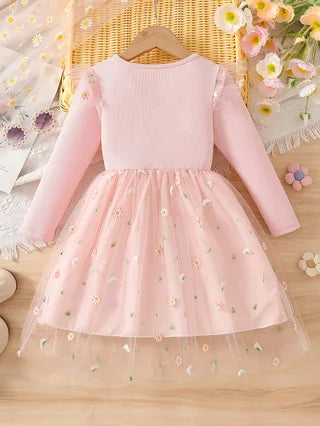 Girls' Autumn Floral Dress, Ribbed Long‑sleeve Spliced with Daisy Embroidery and Tulle Skirt, Gentle‑style Princess Dress for Gi