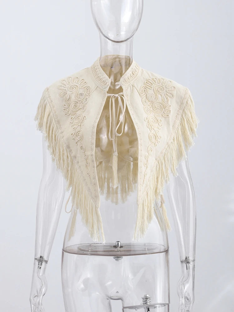 Chic Embroidery Tassel Shawl Women Stand Neck Sleeveless Lace Up Irregular Shawls Tops 2026 Summer Fashion Lady Accessories