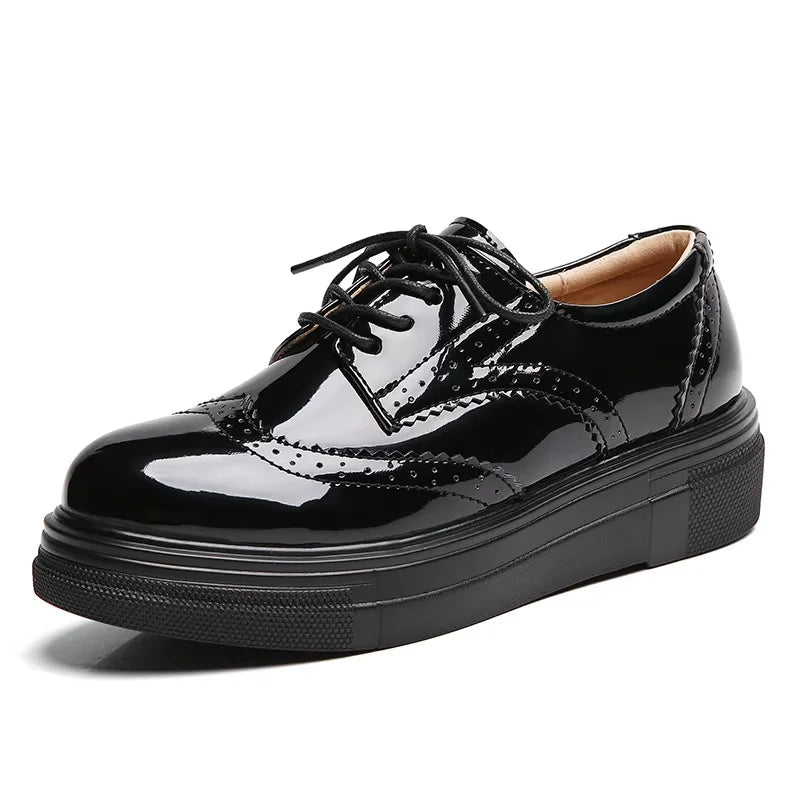 EOFK Spring Autumn Women Derby Platform Flats Brogue Leather Lace up Classic Bullock Footwear Gold Female Oxford Shoes Lady