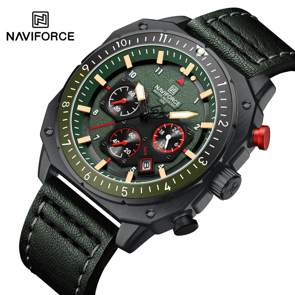 NAVIFORCE Sports Multifunction Waterproof Watches for Men Fashion Leather Luxury Brand Quartz Analog Luminous Square Wrist Watch