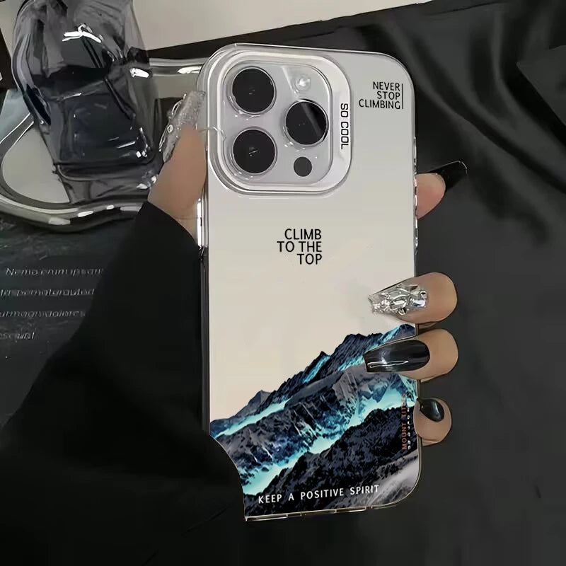 Snow Mountain Landscape Sunset Electroplate Silver Phone Case For iPhone 16 Pro 17 18 Pro 11 12 13 14 15 Pro Max Air 16E Cover