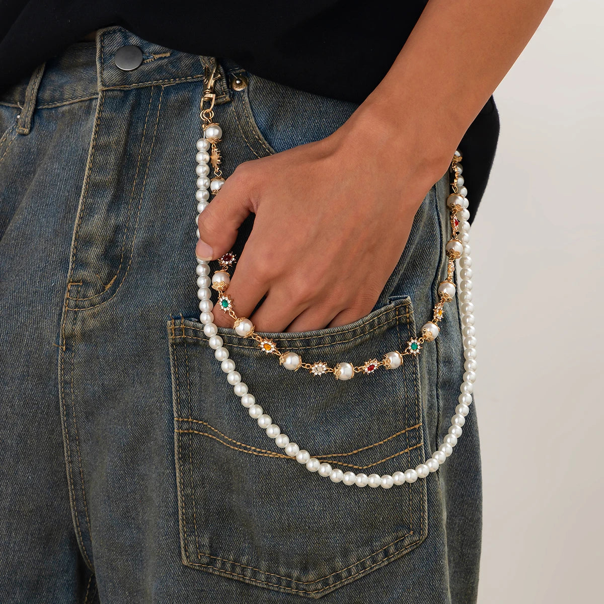 Salircon 2026 Exquisite Luxury Imitation Pearl Keychain Wallet Belt Chain Men Punk Trousers Hipster Pant Chain HipHop Jewelry