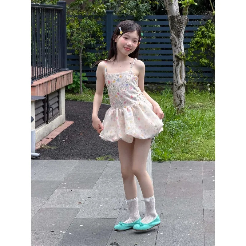Girls Floral Suspender Dress Floral Bud Pants Set 2026 Summer Bow Mesh Trailing Princess Birthday Dress