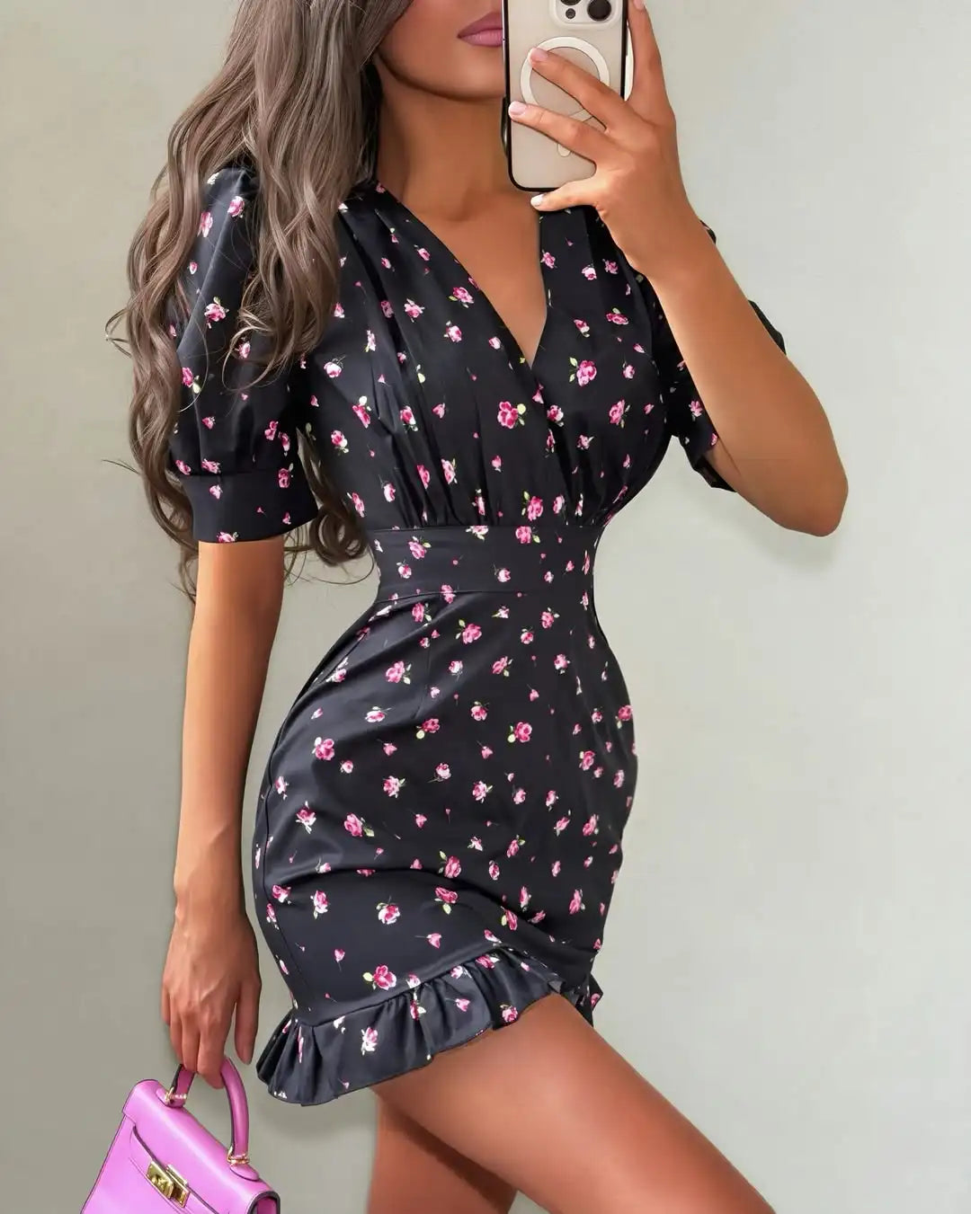 Elegant Floral Printed Mini Dress Women V-neck Short Sleeves Waist Cinching Ruffle Hem Dresses 2026 Lady Summer Vacation Robe