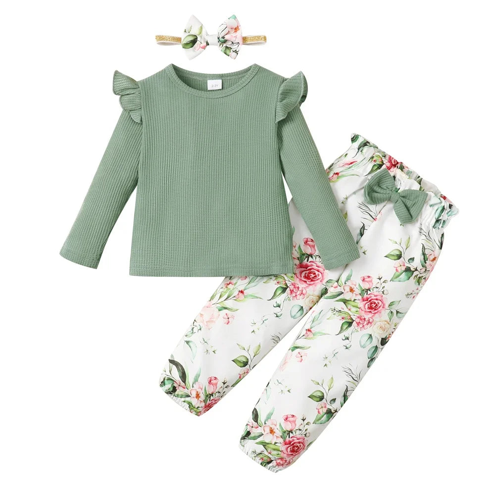 1-5Years Kids Girl Long Sleeve Clothes Set Solid Color Ribbed Shirt+Floral Pants+Headband Autumn 3PCS Outfit for Toddler Girl